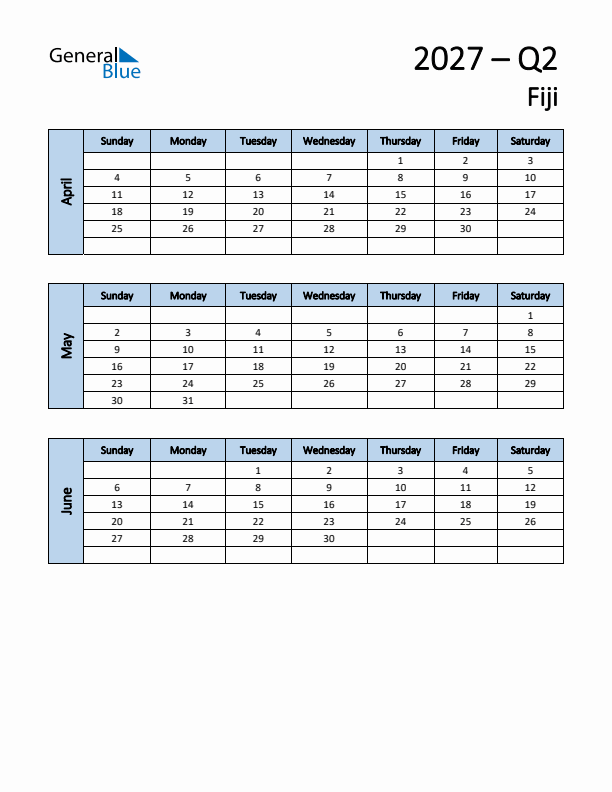 Free Q2 2027 Calendar for Fiji - Sunday Start