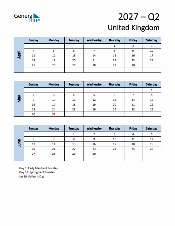 Q2 2027 Quarterly Calendar With United Kingdom Holidays PDF Excel Word 
