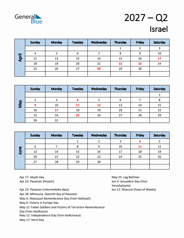 Free Q2 2027 Calendar for Israel - Sunday Start