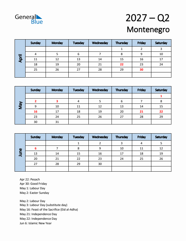 Free Q2 2027 Calendar for Montenegro - Sunday Start