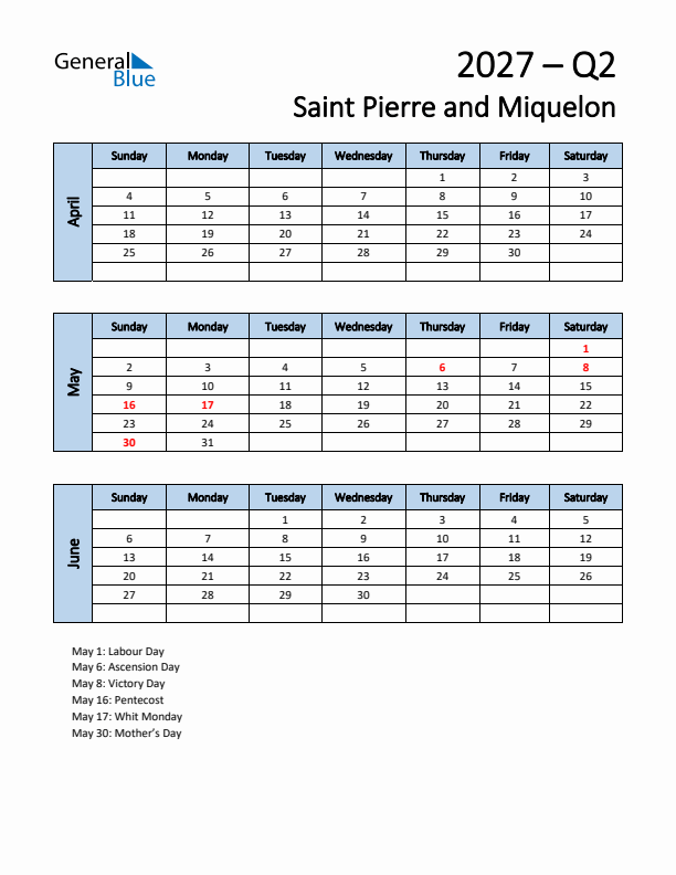 Free Q2 2027 Calendar for Saint Pierre and Miquelon - Sunday Start