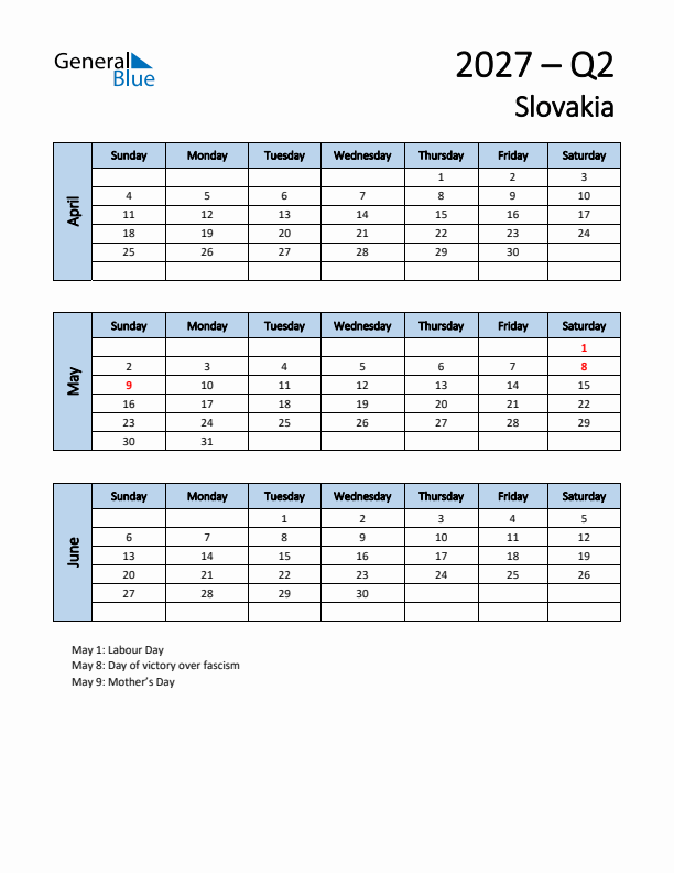 Free Q2 2027 Calendar for Slovakia - Sunday Start