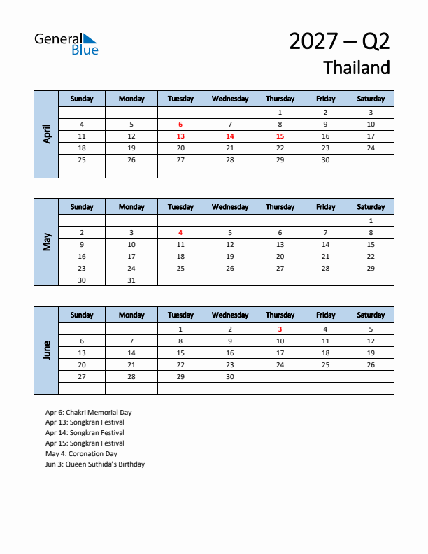 Free Q2 2027 Calendar for Thailand - Sunday Start