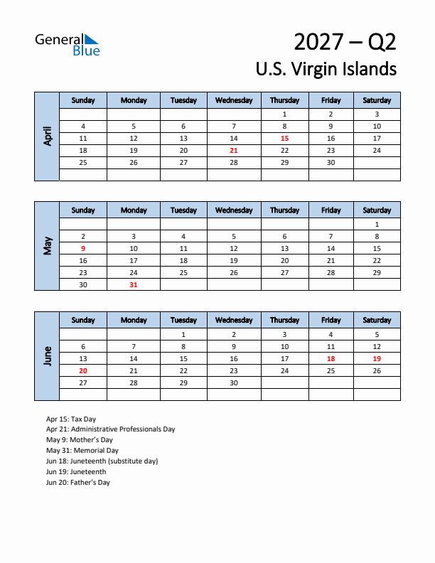 Free Q2 2027 Calendar for U.S. Virgin Islands - Sunday Start