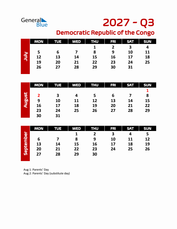 Q3 2027 Calendar with Holidays in Democratic Republic of the Congo