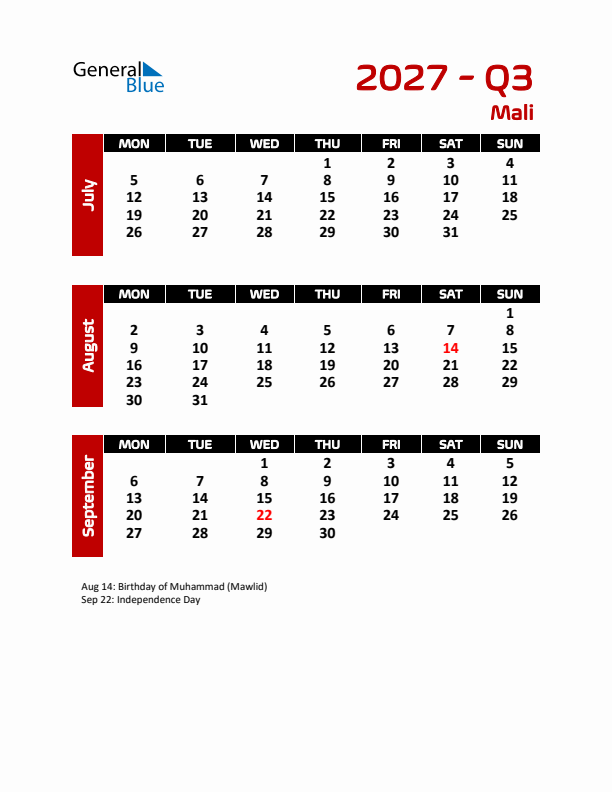Q3 2027 Calendar with Holidays in Mali