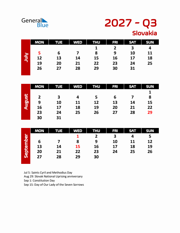 Q3 2027 Calendar with Holidays in Slovakia