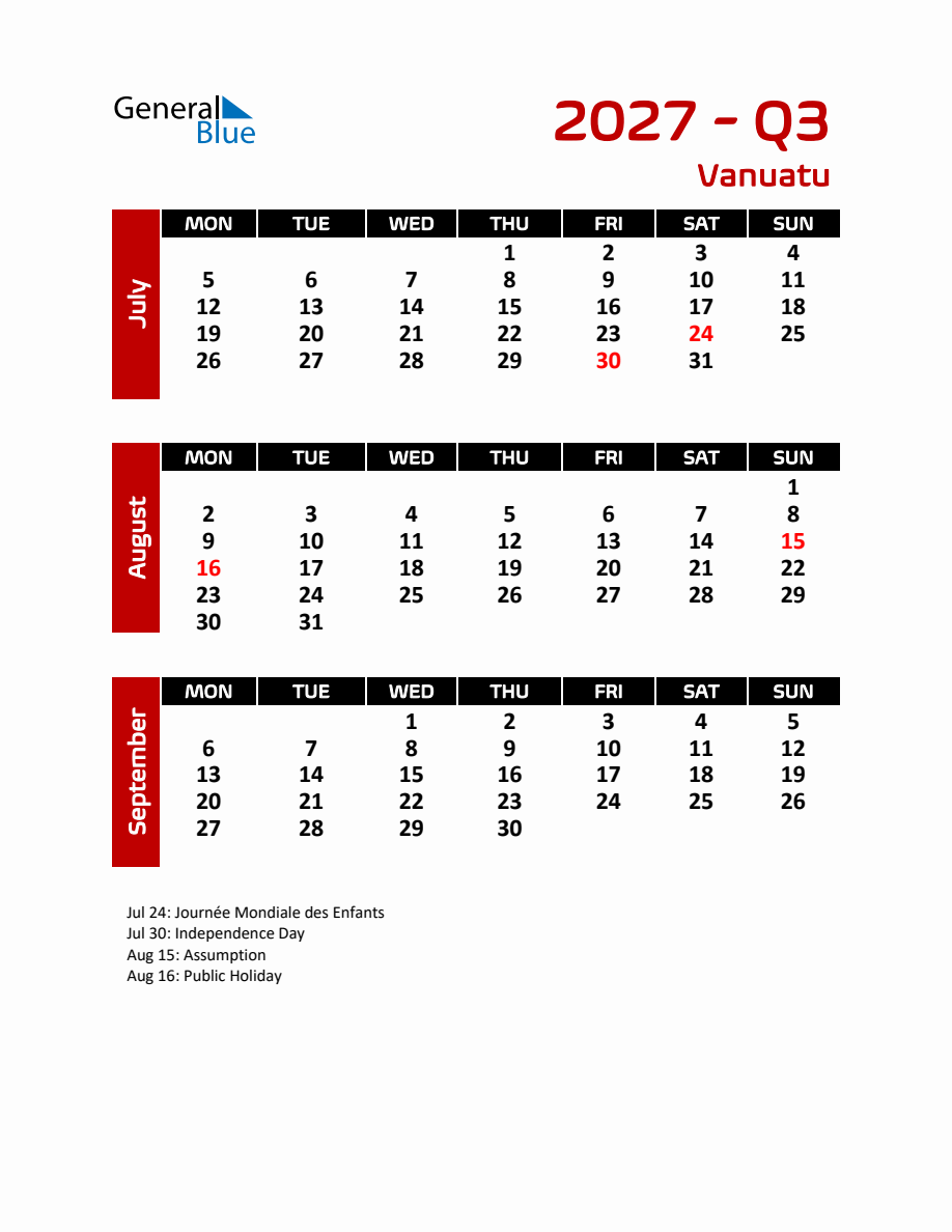 Q3 2027 Calendar with Holidays for Vanuatu - Monday Start