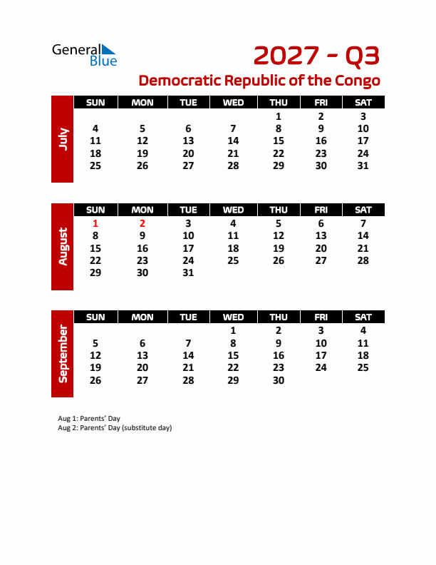 Q3 2027 Calendar with Holidays in Democratic Republic of the Congo