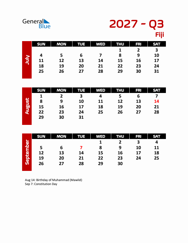 Q3 2027 Calendar with Holidays in Fiji