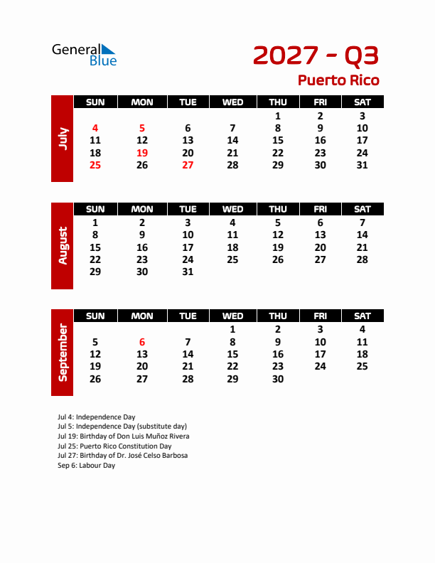 Q3 2027 Calendar with Holidays in Puerto Rico