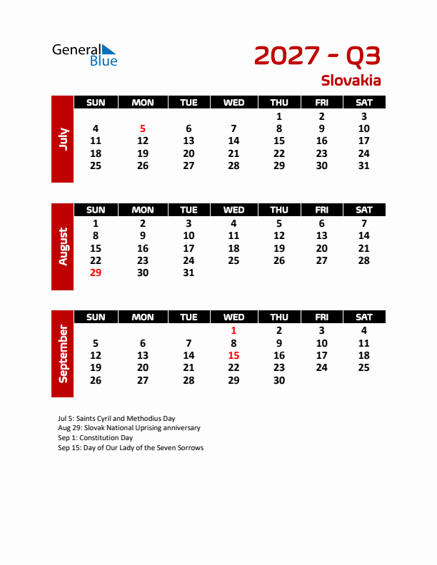 Q3 2027 Calendar with Holidays in Slovakia