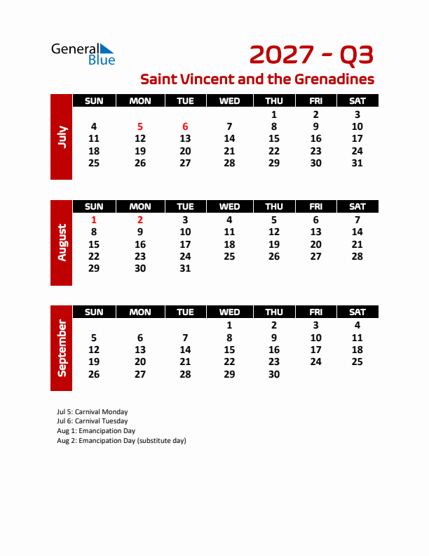 Q3 2027 Calendar with Holidays in Saint Vincent and the Grenadines