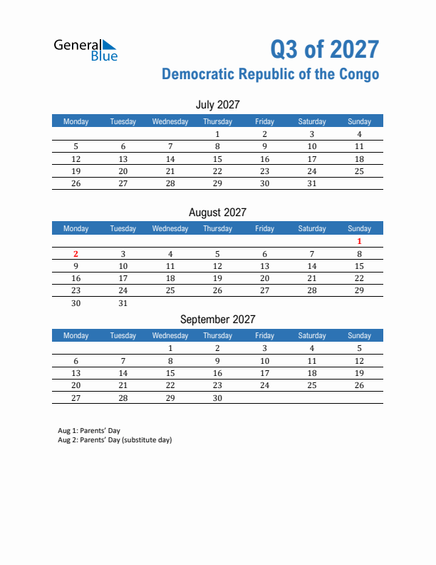 Democratic Republic of the Congo Q3 2027 Quarterly Calendar with Monday Start