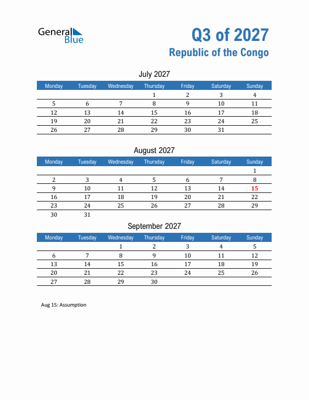 Republic of the Congo Q3 2027 Quarterly Calendar with Monday Start