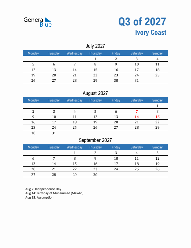 Ivory Coast Q3 2027 Quarterly Calendar with Monday Start