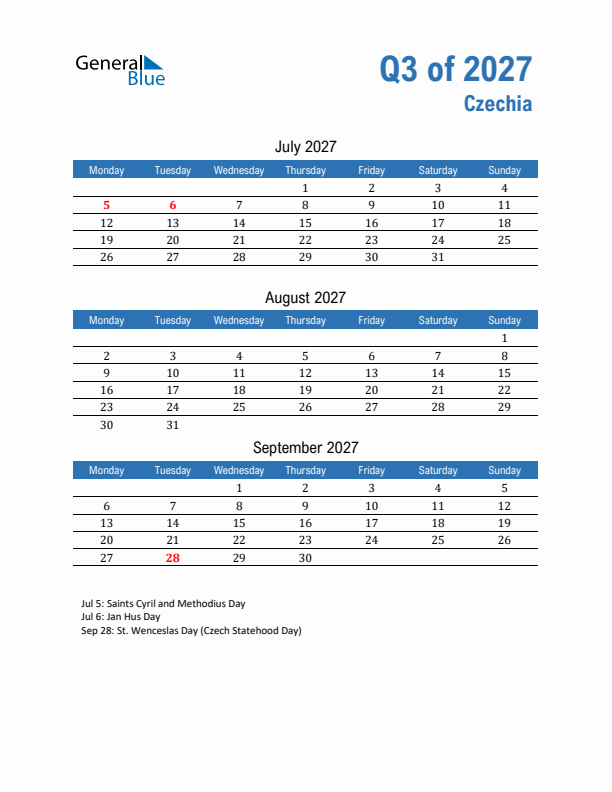 Czechia Q3 2027 Quarterly Calendar with Monday Start