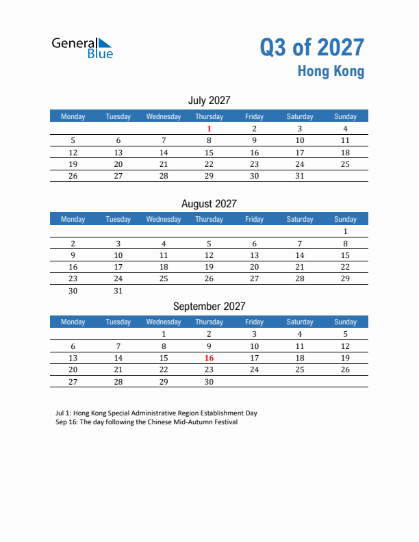 Hong Kong Q3 2027 Quarterly Calendar with Monday Start