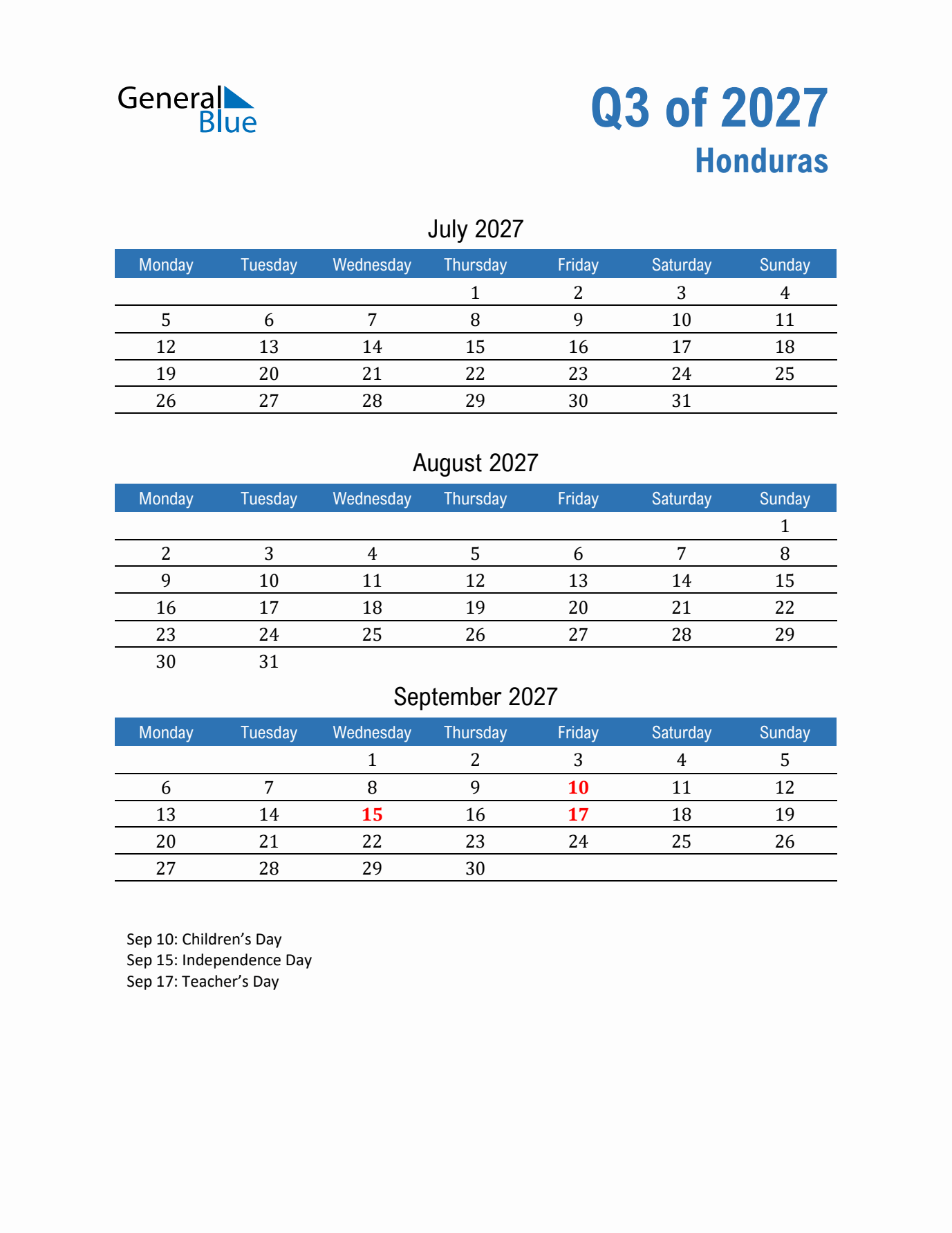 Honduras Q3 2027 Quarterly Calendar with Monday Start