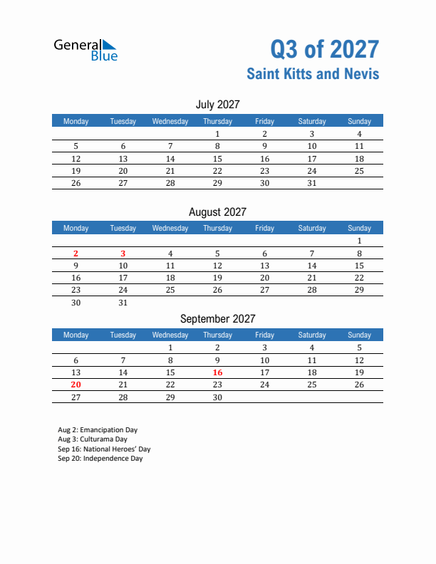 Saint Kitts and Nevis Q3 2027 Quarterly Calendar with Monday Start