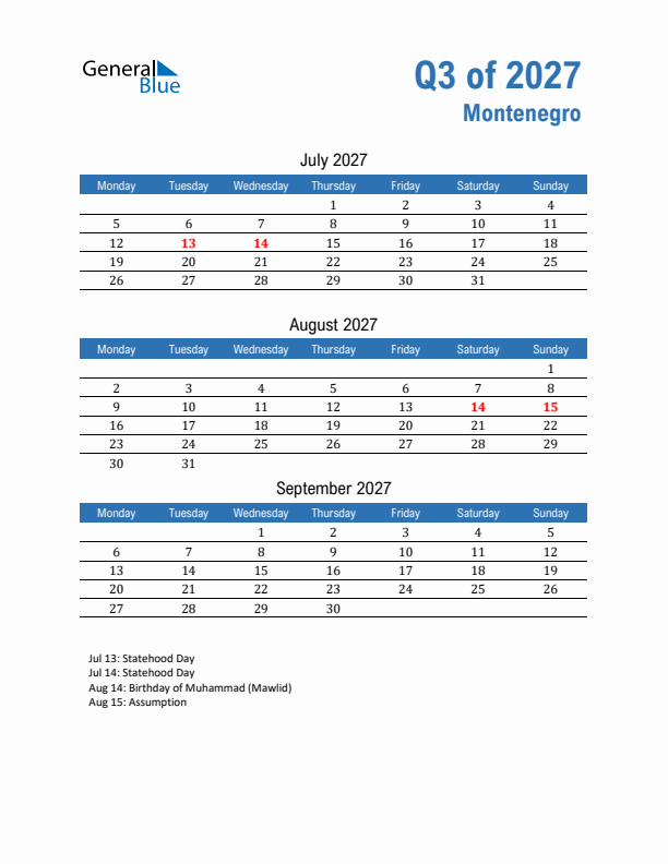 Montenegro Q3 2027 Quarterly Calendar with Monday Start