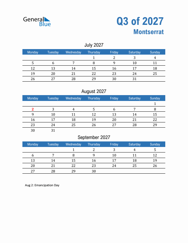 Montserrat Q3 2027 Quarterly Calendar with Monday Start