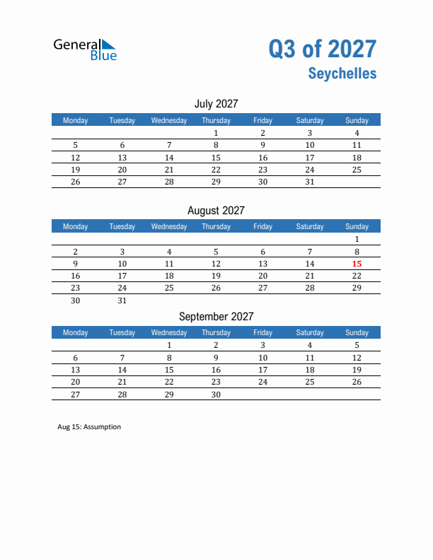 Seychelles Q3 2027 Quarterly Calendar with Monday Start