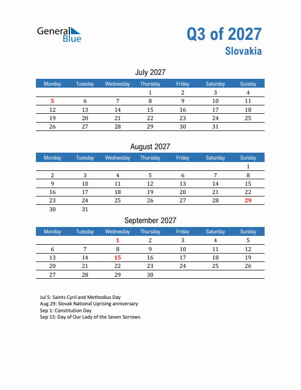 Slovakia Q3 2027 Quarterly Calendar with Monday Start