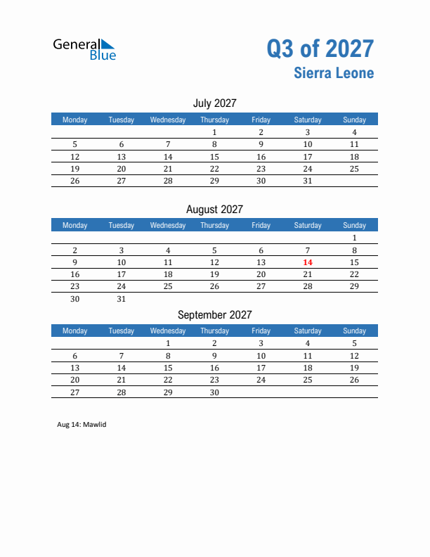 Sierra Leone Q3 2027 Quarterly Calendar with Monday Start