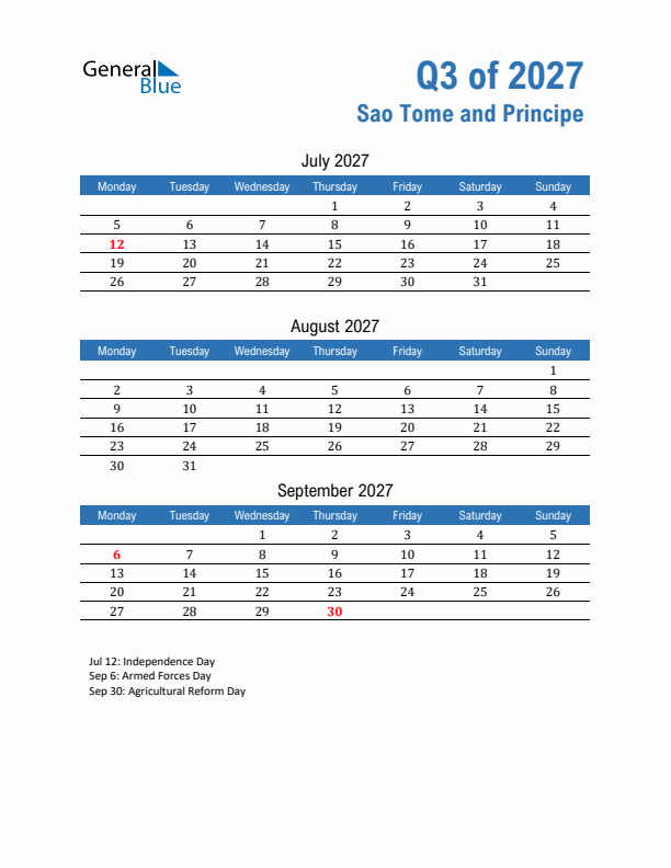 Sao Tome and Principe Q3 2027 Quarterly Calendar with Monday Start