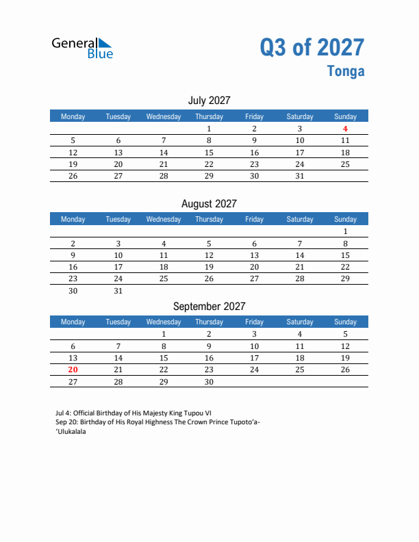 Tonga Q3 2027 Quarterly Calendar with Monday Start