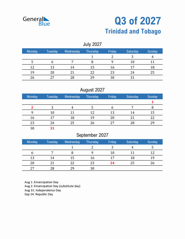 Trinidad and Tobago Q3 2027 Quarterly Calendar with Monday Start