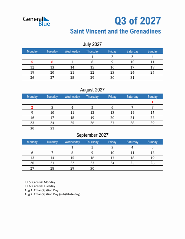 Saint Vincent and the Grenadines Q3 2027 Quarterly Calendar with Monday Start