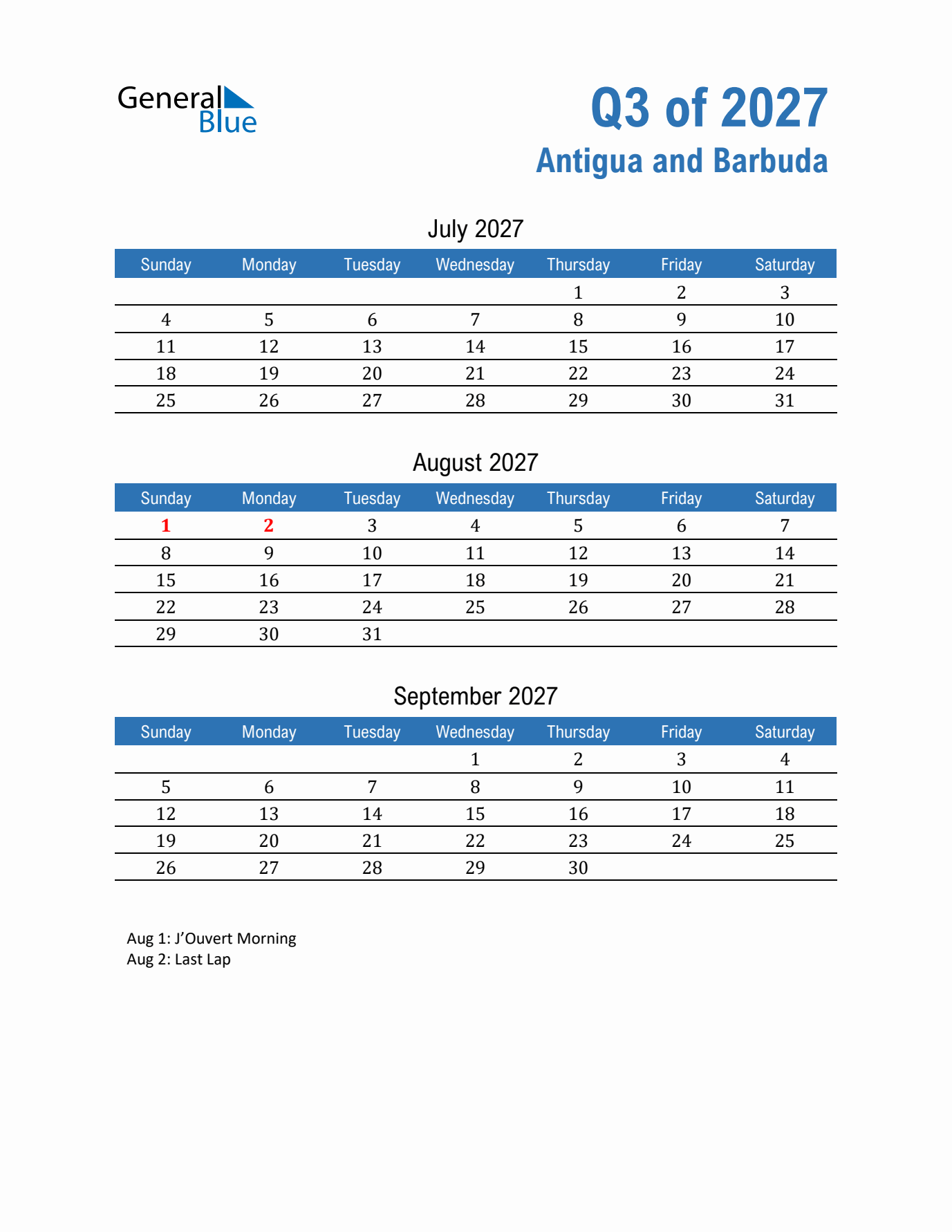 Antigua and Barbuda Q3 2027 Quarterly Calendar with Sunday Start
