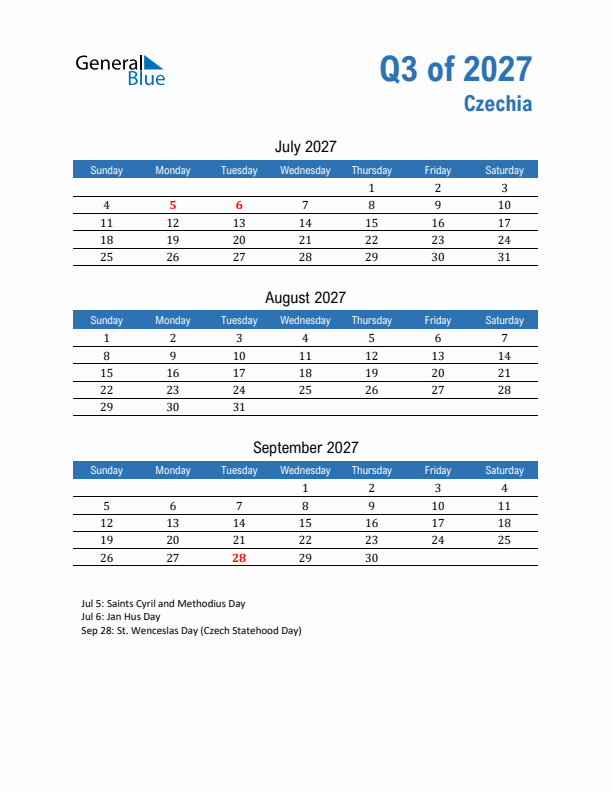 Czechia Q3 2027 Quarterly Calendar with Sunday Start