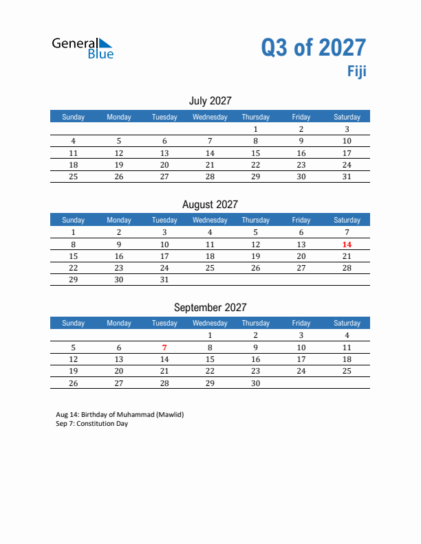 Fiji Q3 2027 Quarterly Calendar with Sunday Start