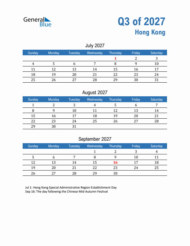 Hong Kong Q3 2027 Quarterly Calendar with Sunday Start