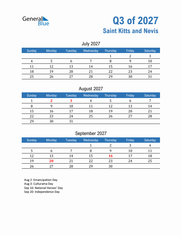 Saint Kitts and Nevis Q3 2027 Quarterly Calendar with Sunday Start
