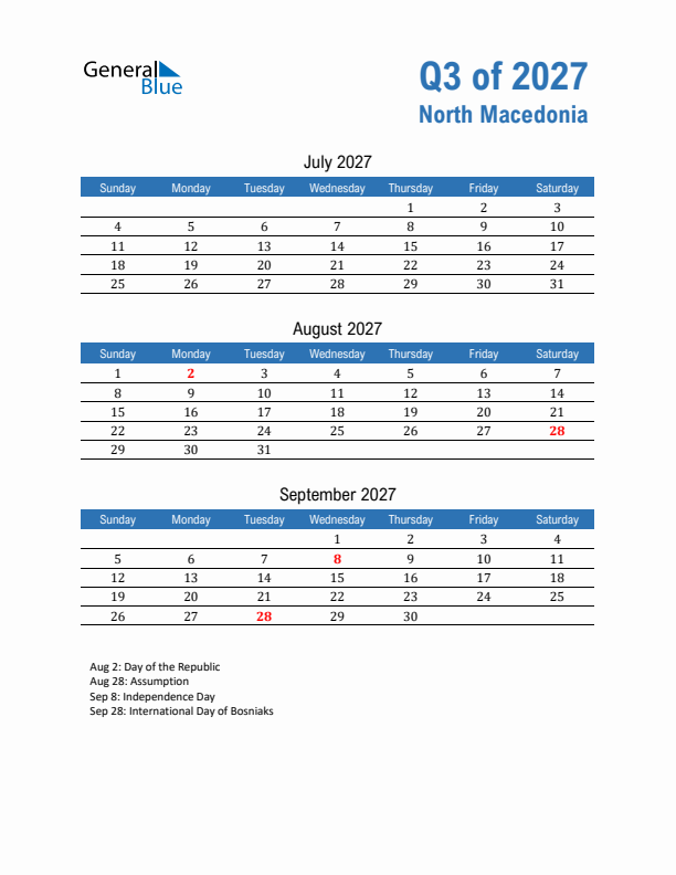 North Macedonia Q3 2027 Quarterly Calendar with Sunday Start
