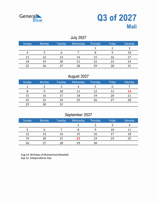 Mali Q3 2027 Quarterly Calendar with Sunday Start