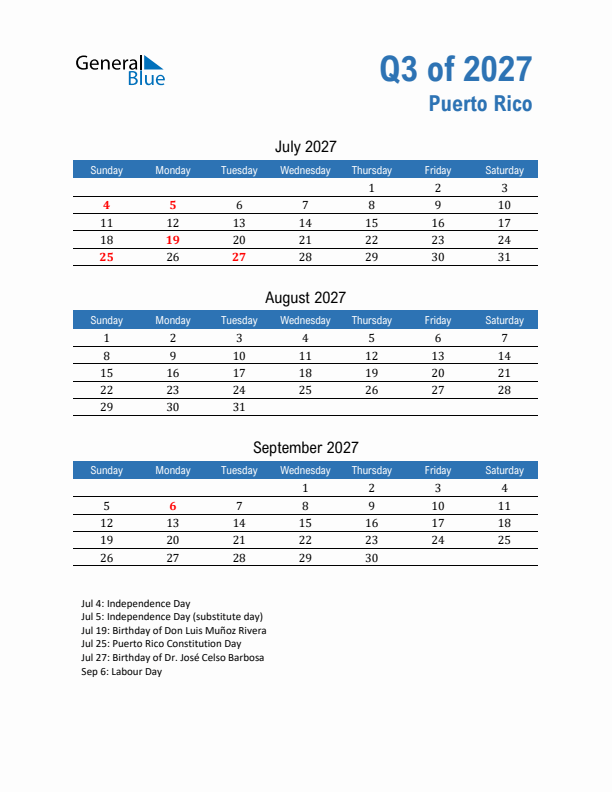 Puerto Rico Q3 2027 Quarterly Calendar with Sunday Start