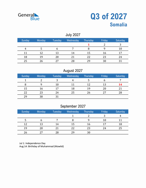 Somalia Q3 2027 Quarterly Calendar with Sunday Start