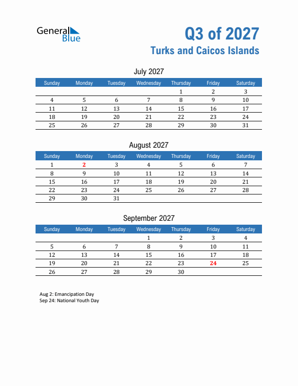 Turks and Caicos Islands Q3 2027 Quarterly Calendar with Sunday Start