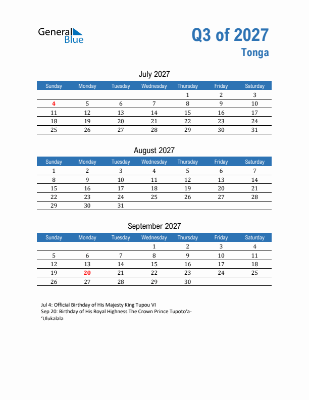 Tonga Q3 2027 Quarterly Calendar with Sunday Start