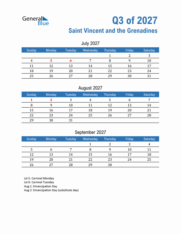 Saint Vincent and the Grenadines Q3 2027 Quarterly Calendar with Sunday Start