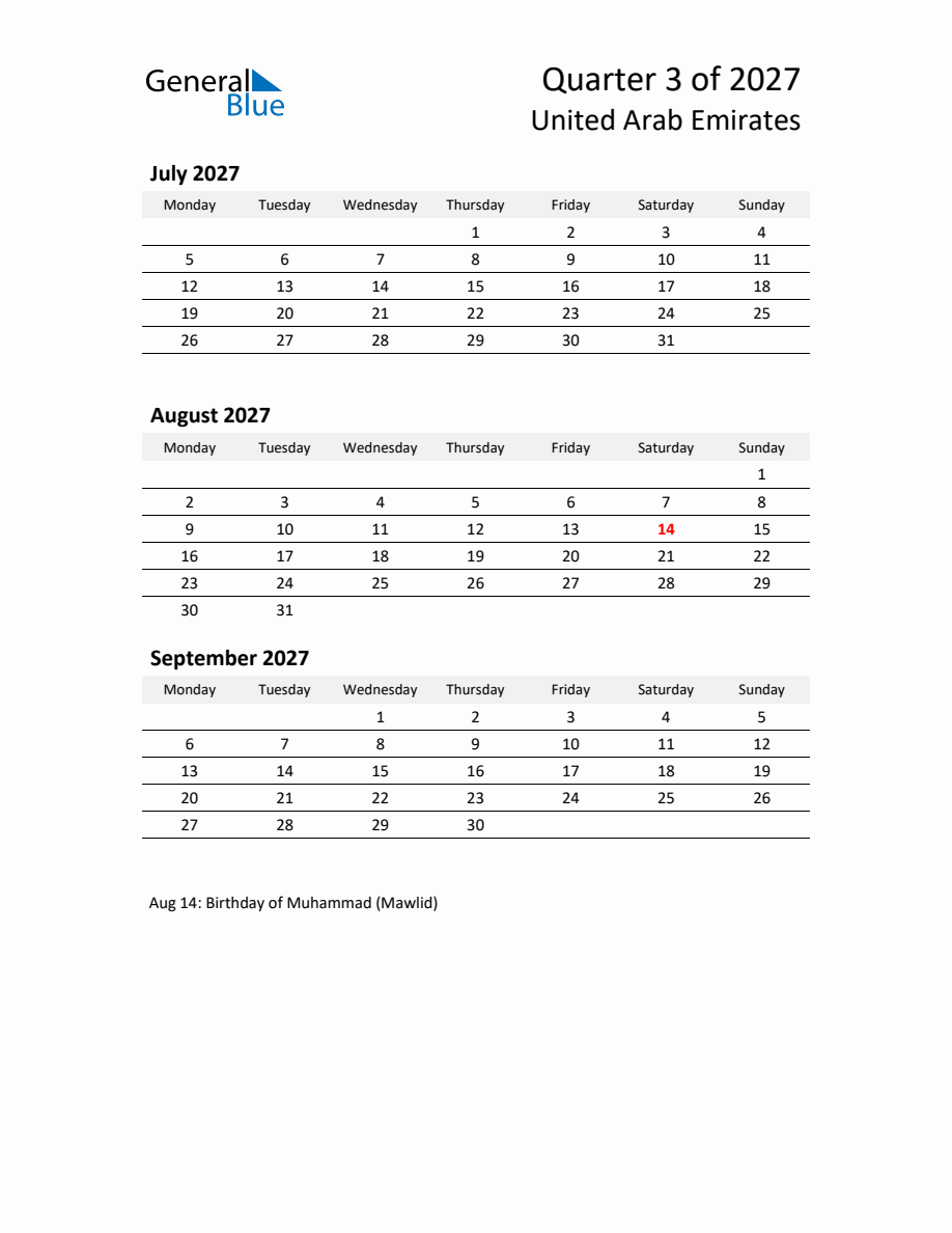 2027 Three-Month Calendar for United Arab Emirates
