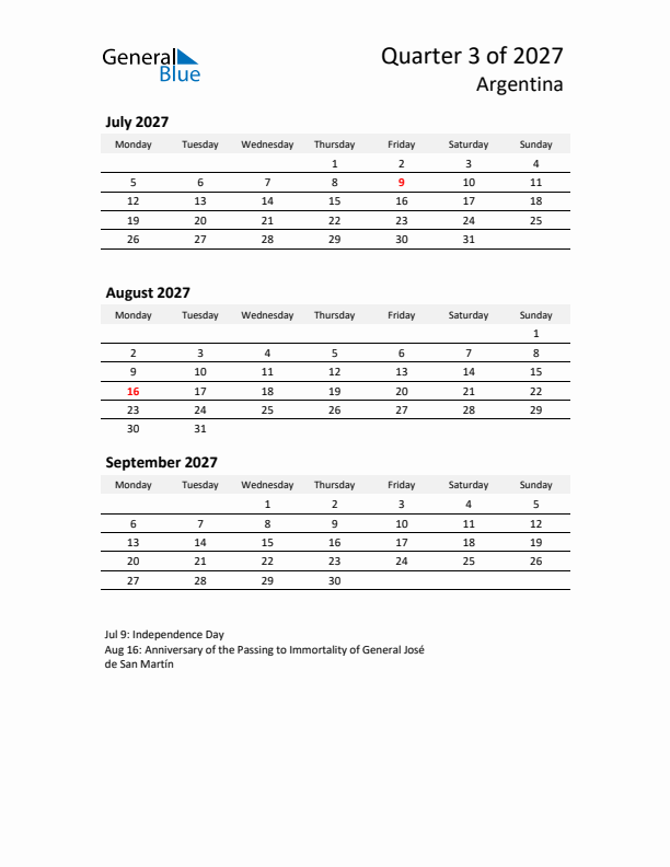 2027 Q3 Three-Month Calendar for Argentina