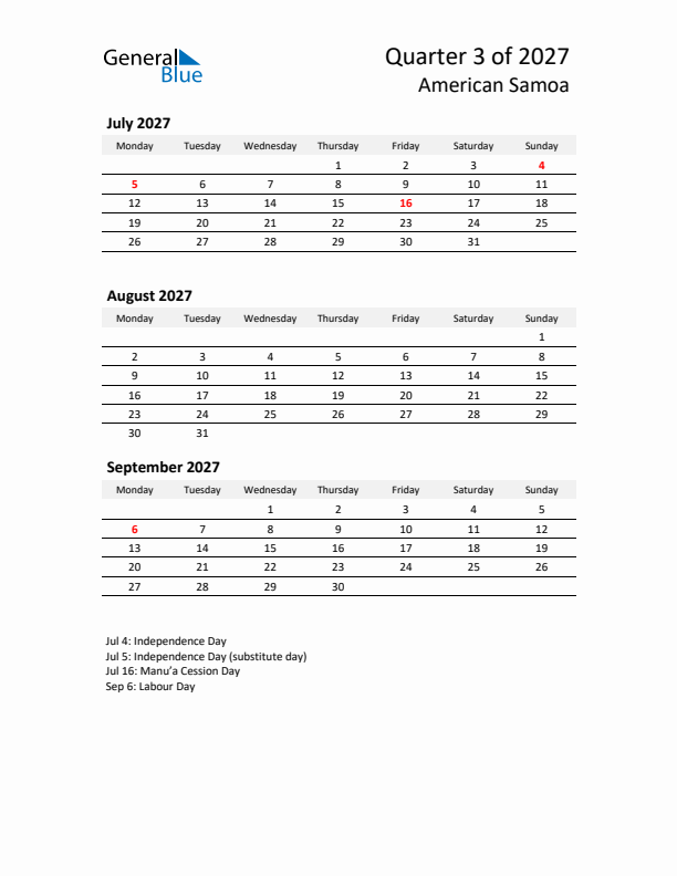 2027 Q3 Three-Month Calendar for American Samoa
