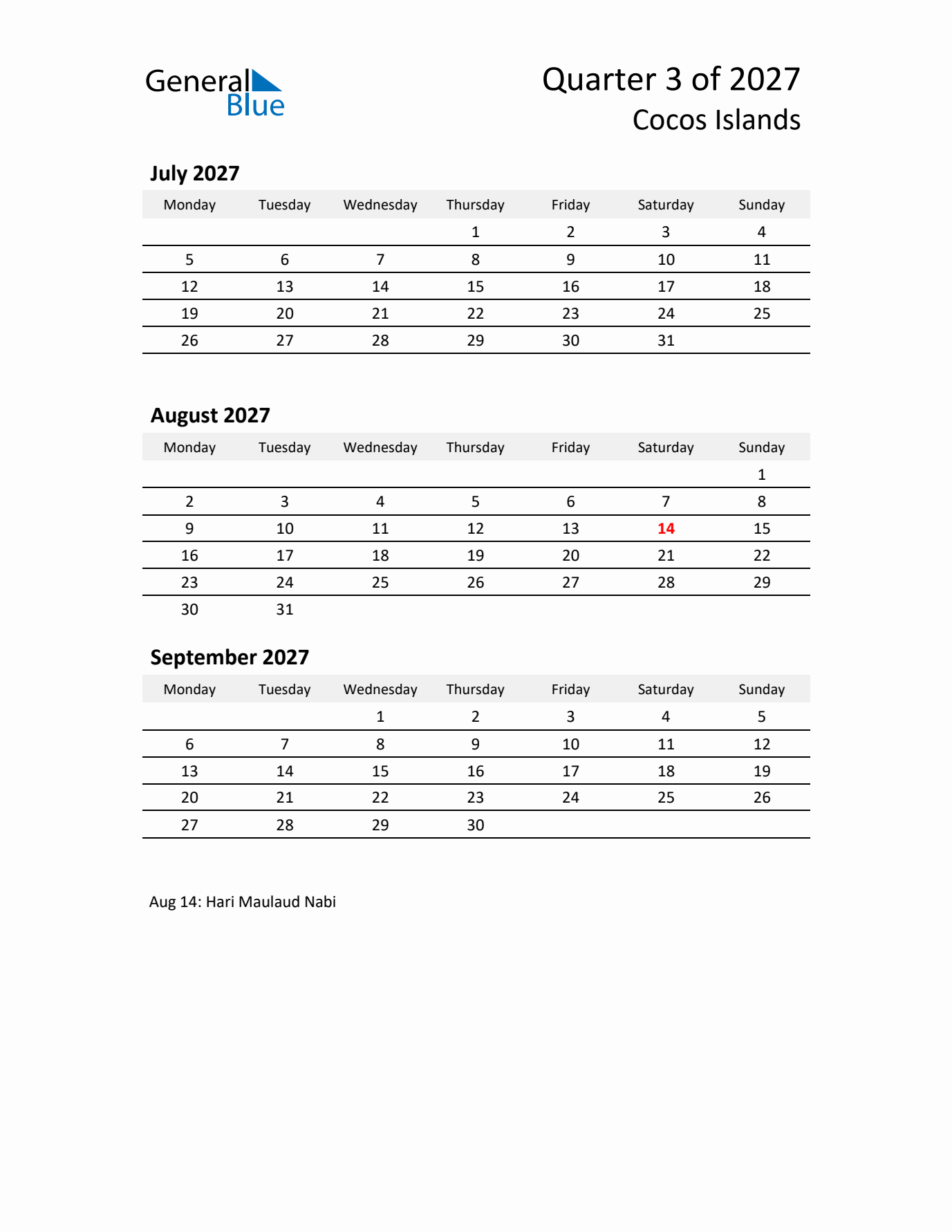 2027 Q3 Three-Month Calendar for Cocos Islands