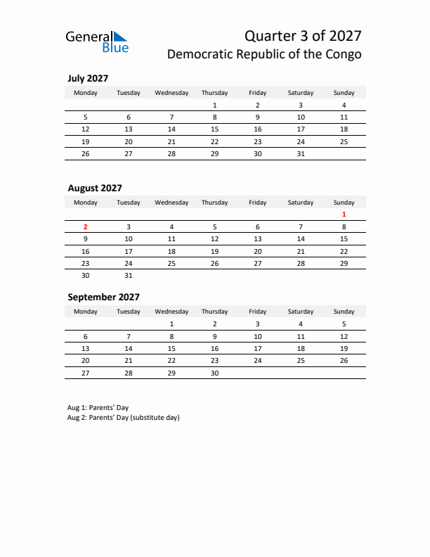 2027 Q3 Three-Month Calendar for Democratic Republic of the Congo